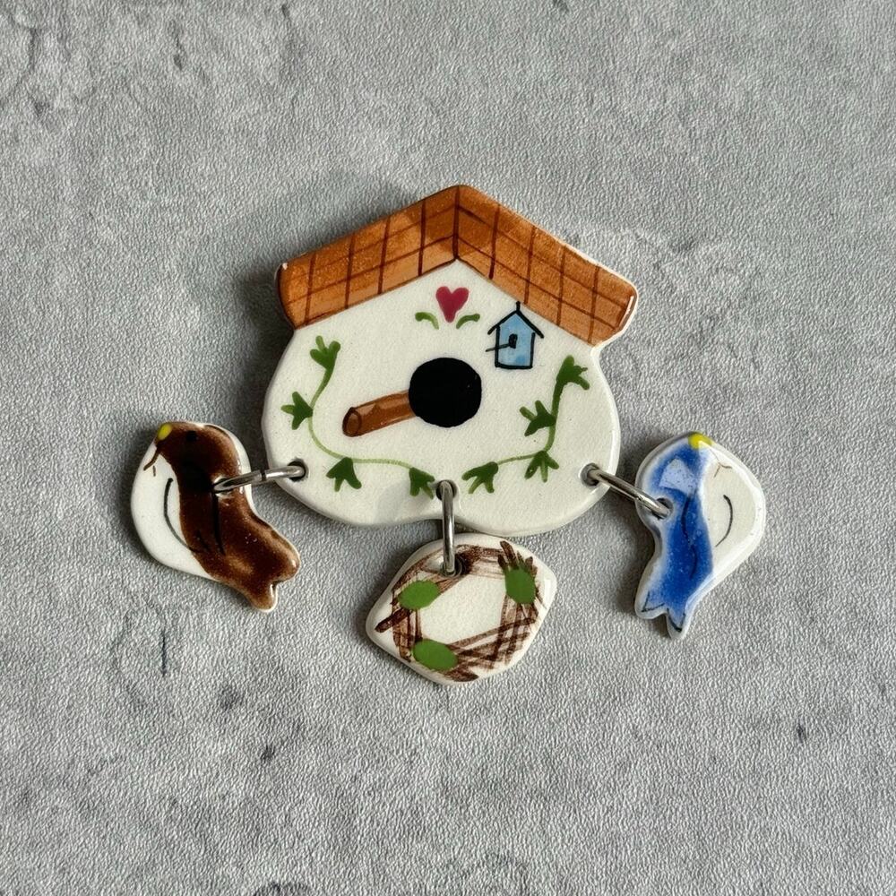 Vintage Costume Ceramic Bird House Dangling Pin Brooch Artsy Folk Whimsical Art